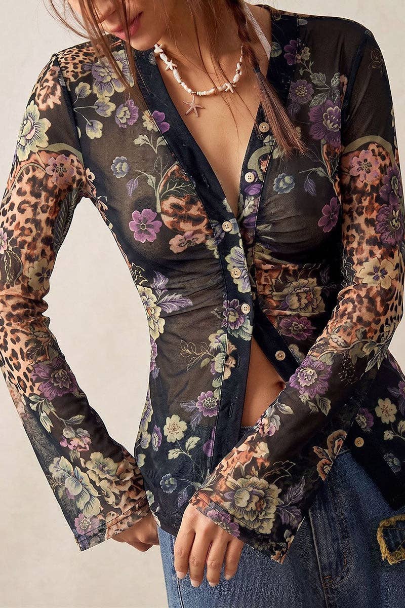 Sheer Floral Ruched Button Front Blouse
