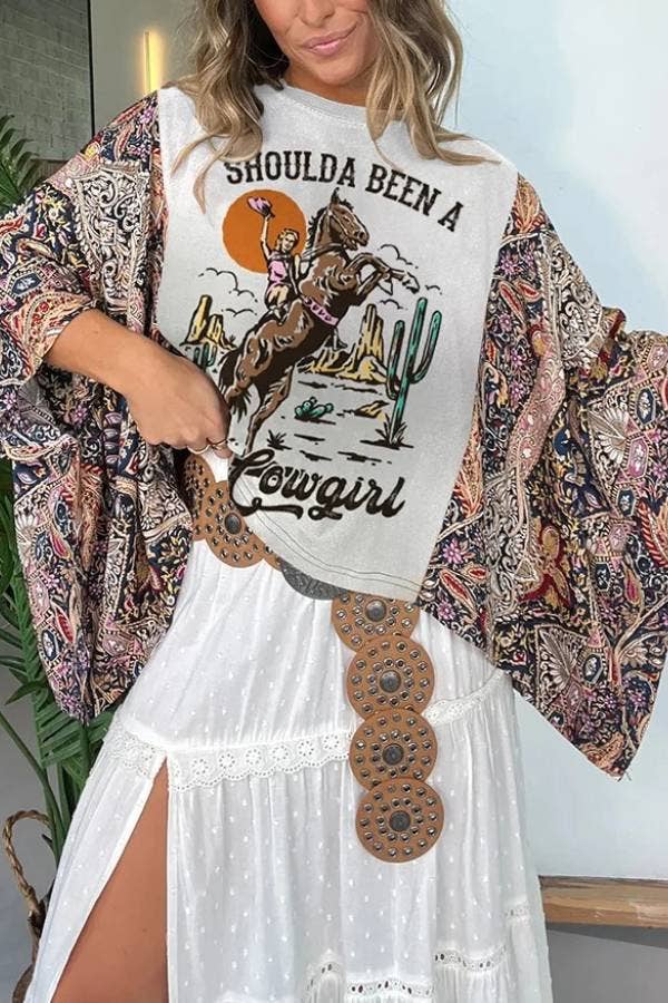 Western Vintage Graphic Batwing Kimono Sleeves Tees Boho Top