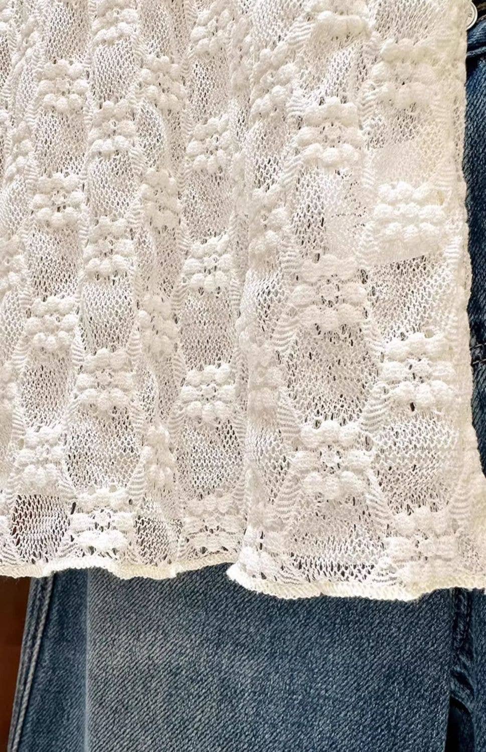 Sheer Mesh Diamond Floral Lace Layering Fitted Crew Top