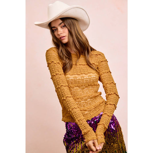 RUFFLES DETAIL MARDI GRAS COLOR FLOWER LACE TOP