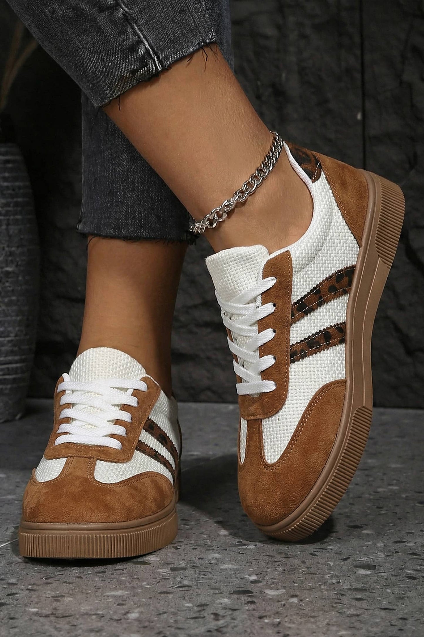 Leather Leopard Patchwork Flat Sneakers