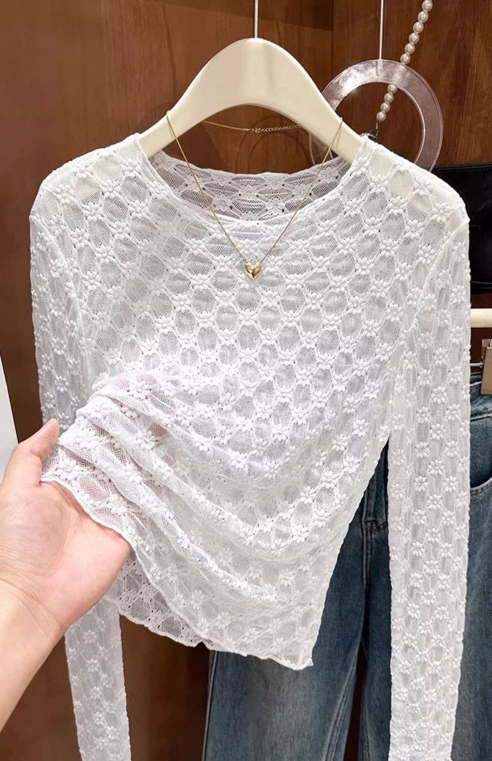 Sheer Mesh Diamond Floral Lace Layering Fitted Crew Top