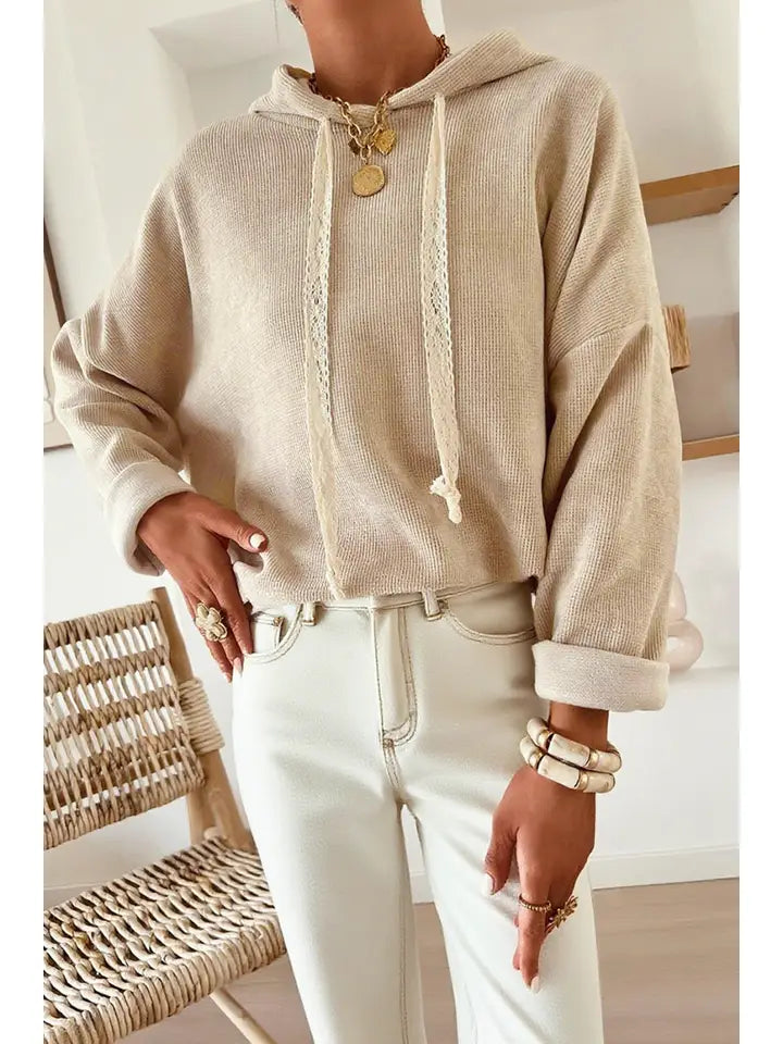 Thermal Textured Lace Drawstring Baggy Hoodie