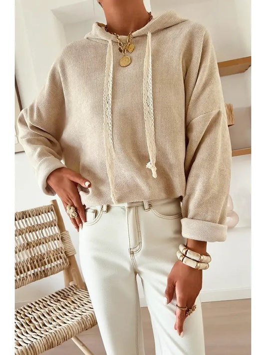 Thermal Textured Lace Drawstring Baggy Hoodie