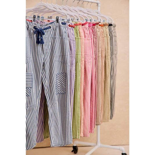 STRIPED TWILL BARREL PANTS