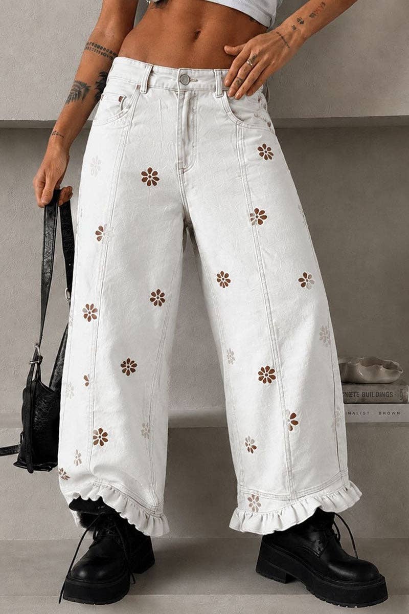 Floral Ruffle Hem Wide Leg Casual Pants