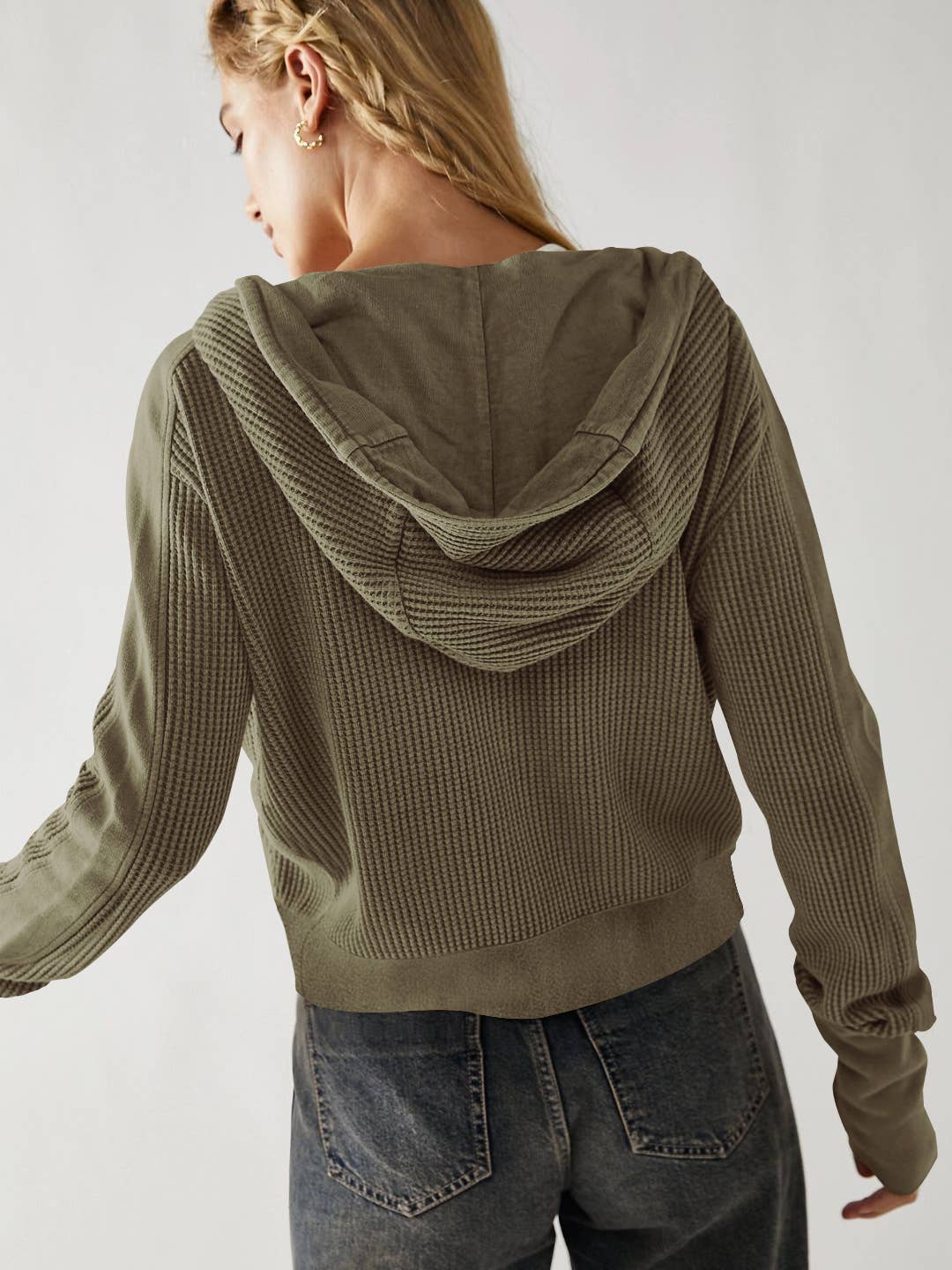 Half button zip up waffle crop hoodie sweatshirt jacket