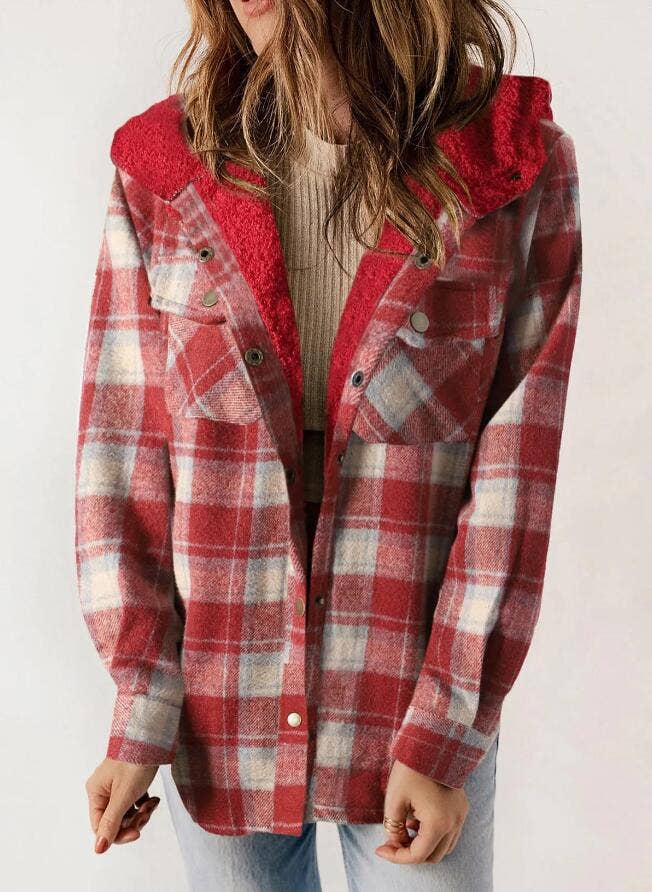 Western buttons hoodie plaid fleece lined shacket coat