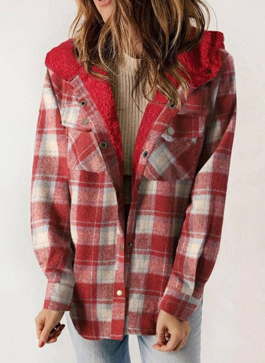 Western buttons hoodie plaid fleece lined shacket coat