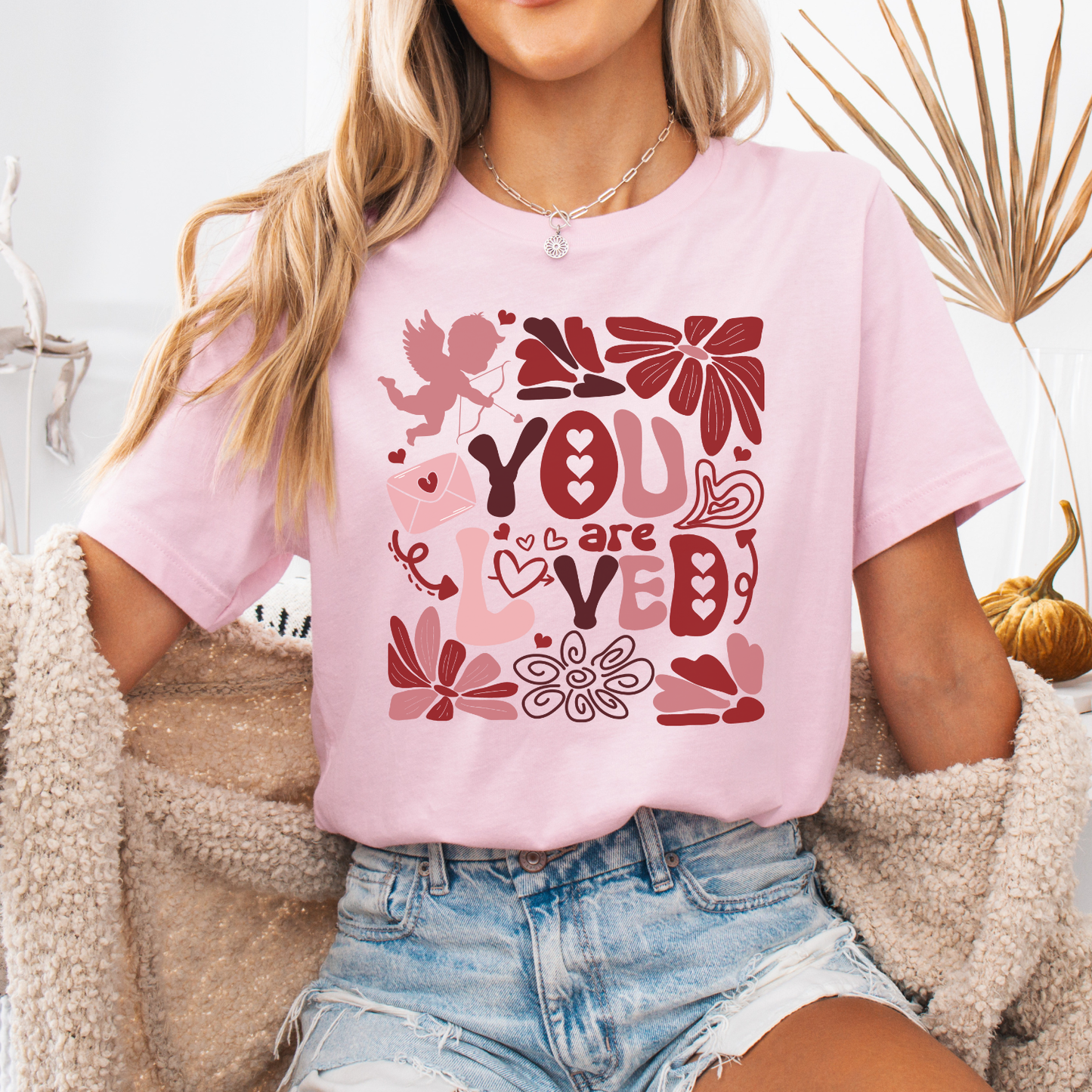 Cupid you are loved Valentine's Day t-shirt, Pink red floral
