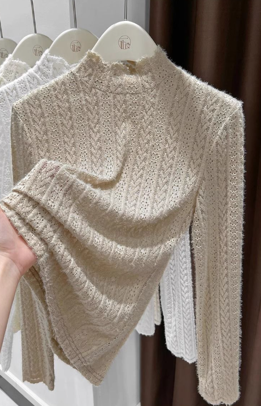 Soft knit Fluffy Texture Lace High neck Layering Top