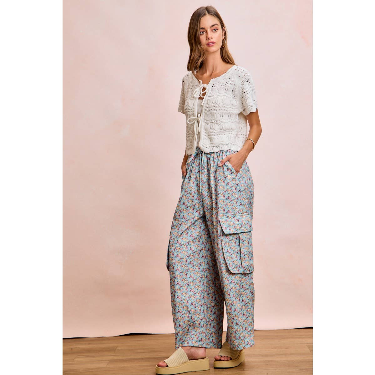 FRONT BOW TIE DETAIL POINTELLE KNIT TOP