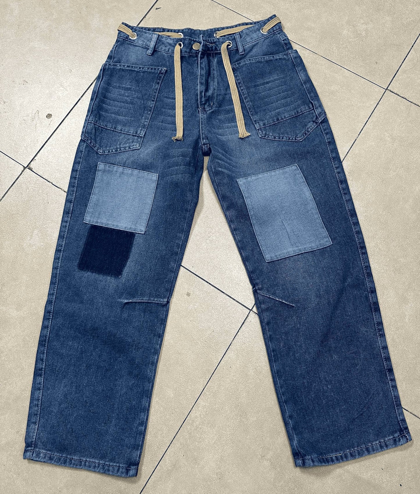 Western chic drawstring patchwork wide-leg jeans