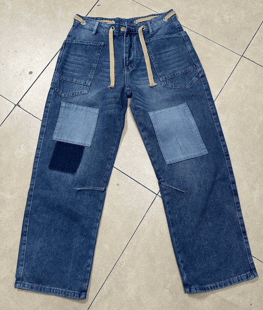 Western chic drawstring patchwork wide-leg jeans