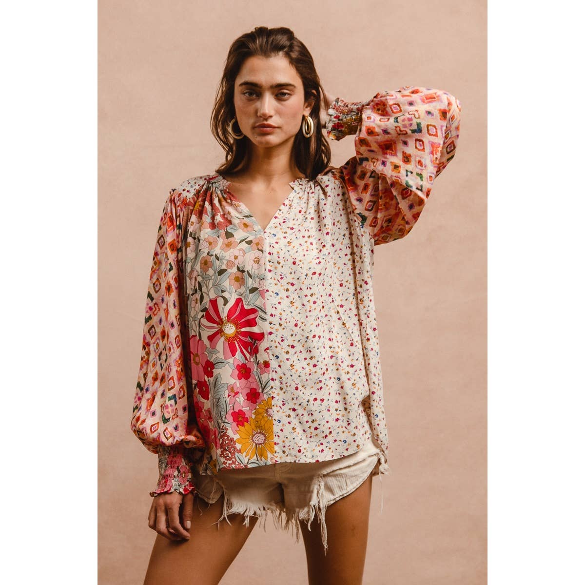 FLORAL PRINT MIX AND MATCH LONG SLEEVE PEASANT TOP