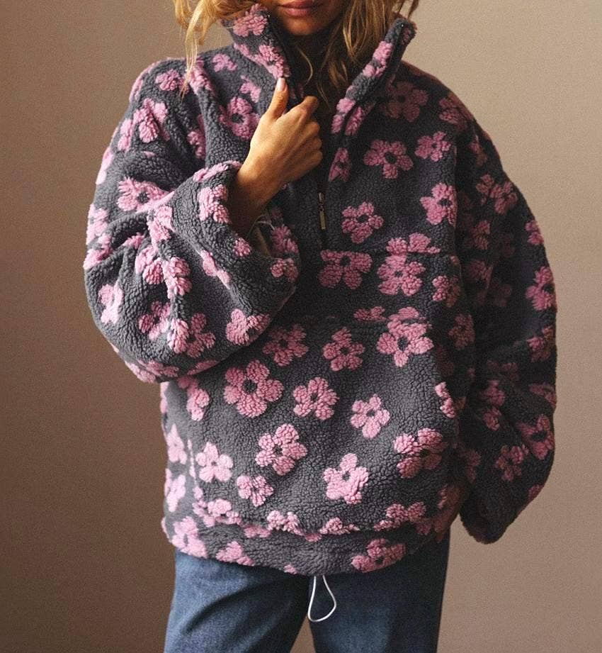 Oversized winter half-zip floral sherpa fleece sweatshirt