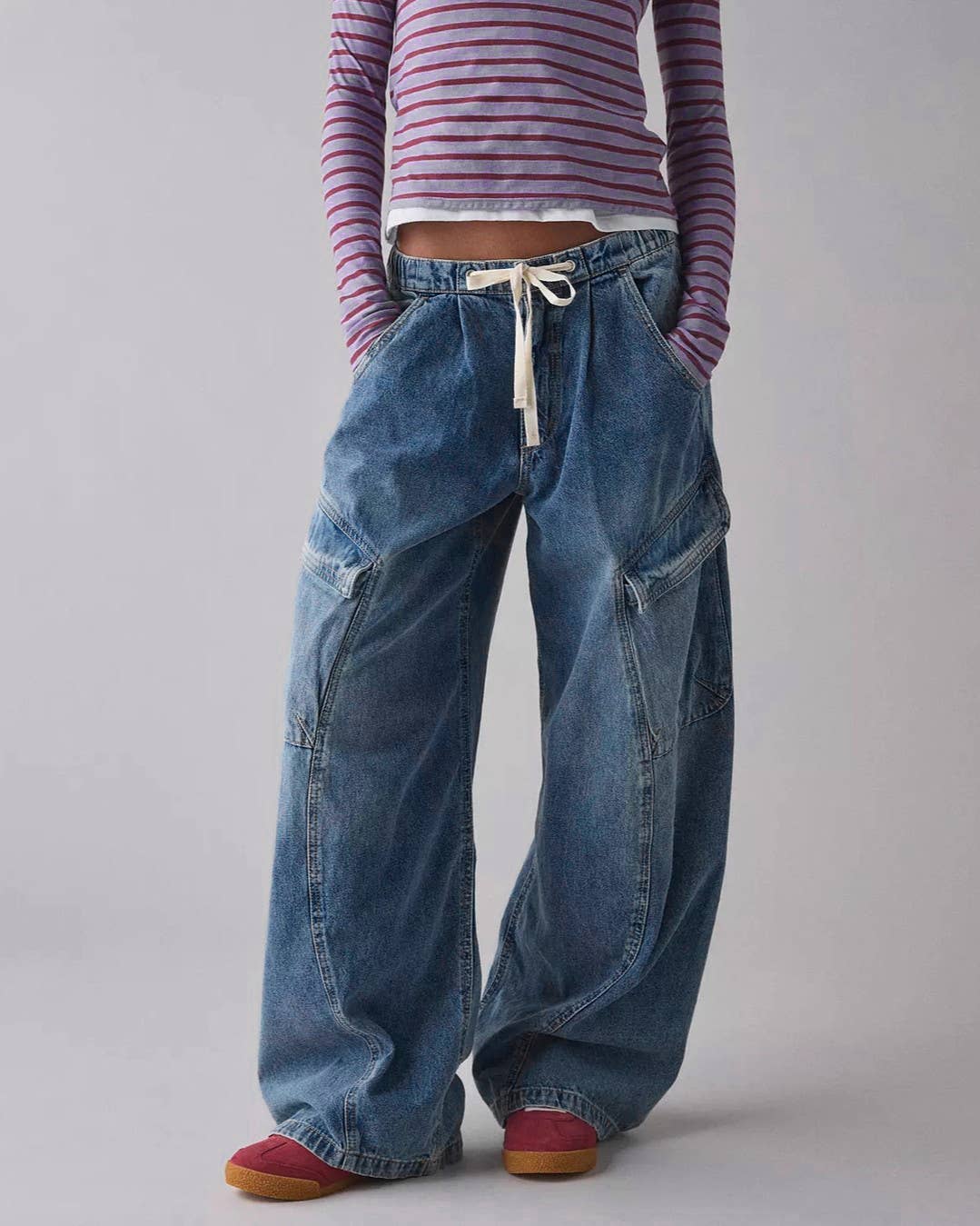 Casual High Waisted Drawstring Baggy Cargo Jeans