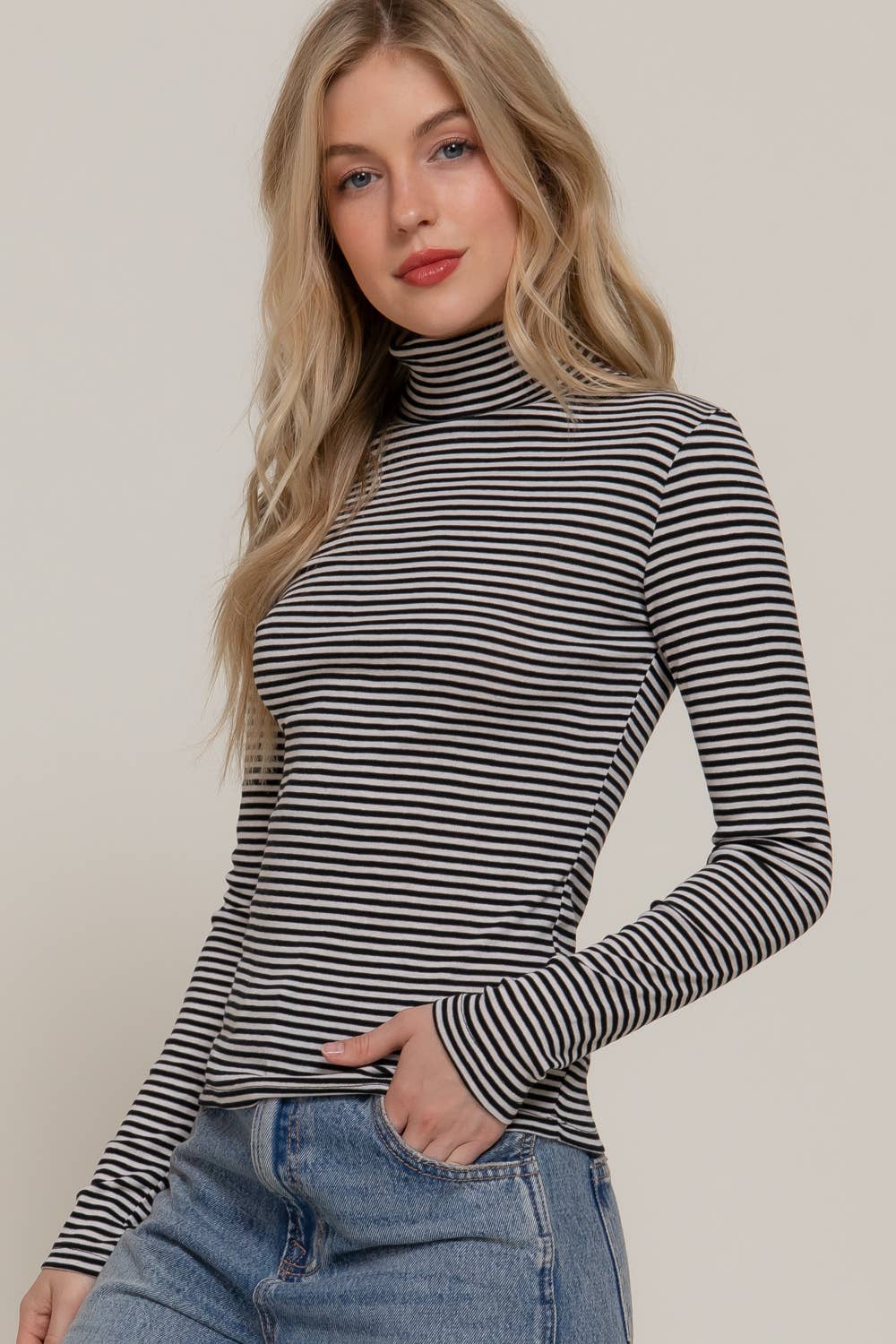 Long Sleeve Turtle Neck Y/D Stripe Top