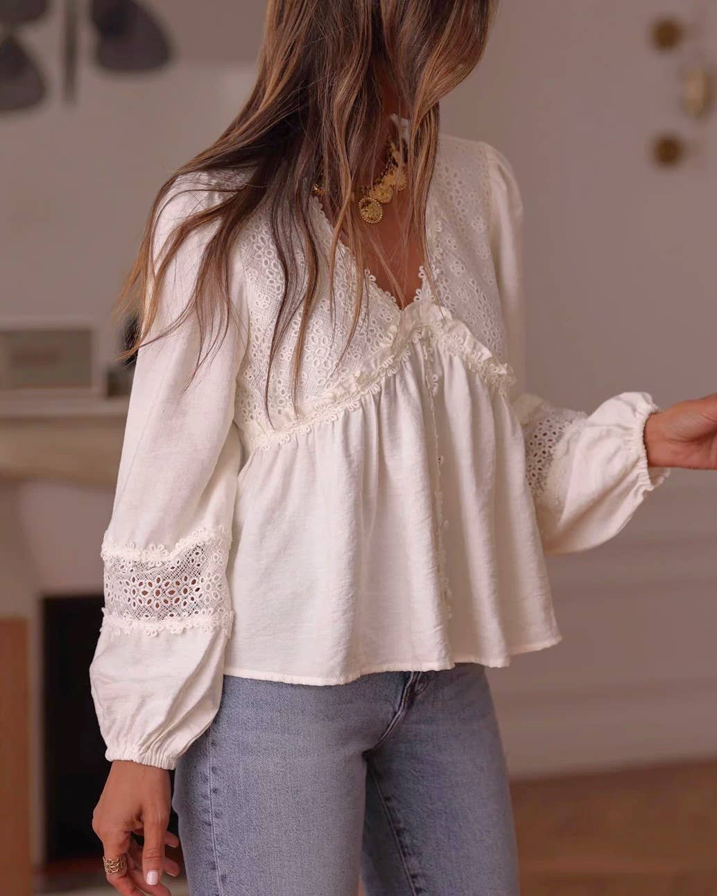 Boho Chic Eyelet Lace Floral Details V Neck Blouse