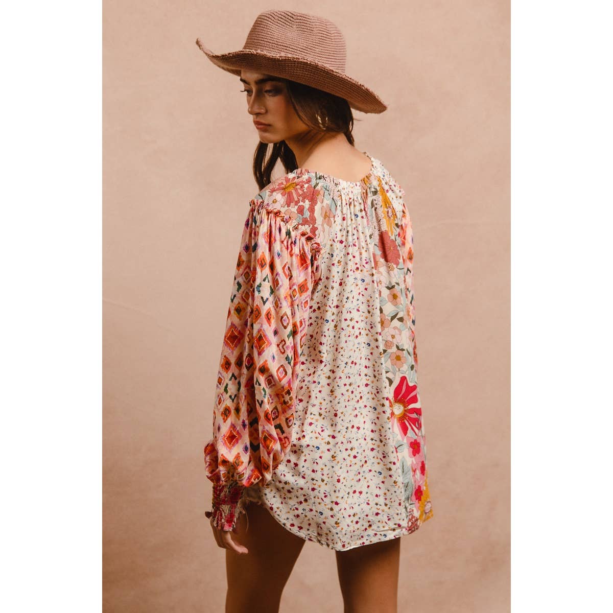 FLORAL PRINT MIX AND MATCH LONG SLEEVE PEASANT TOP