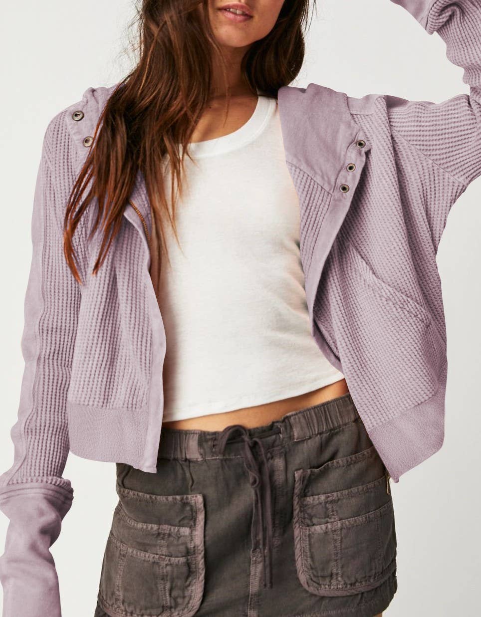 Half button zip up waffle crop hoodie sweatshirt jacket