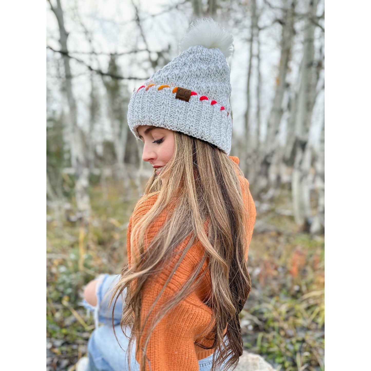 Fuzzy Lined Ombre Thread Accent Pom CC Beanie HAT1826