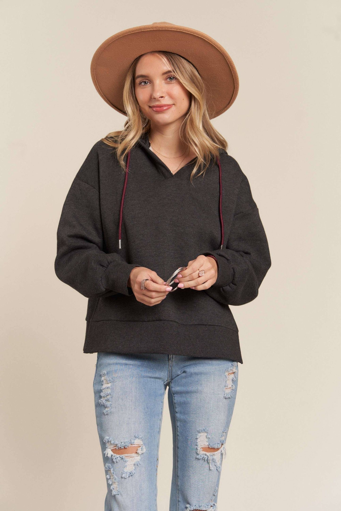 INSIDE NAPPED HOODIE TUNIC TOP
