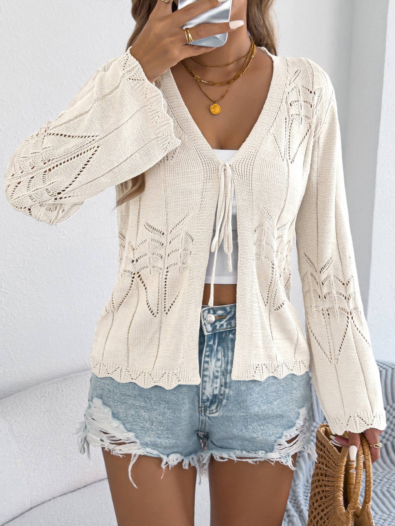 Casual Cut-Out Lace-Up Bell Sleeve Knit Cardigan