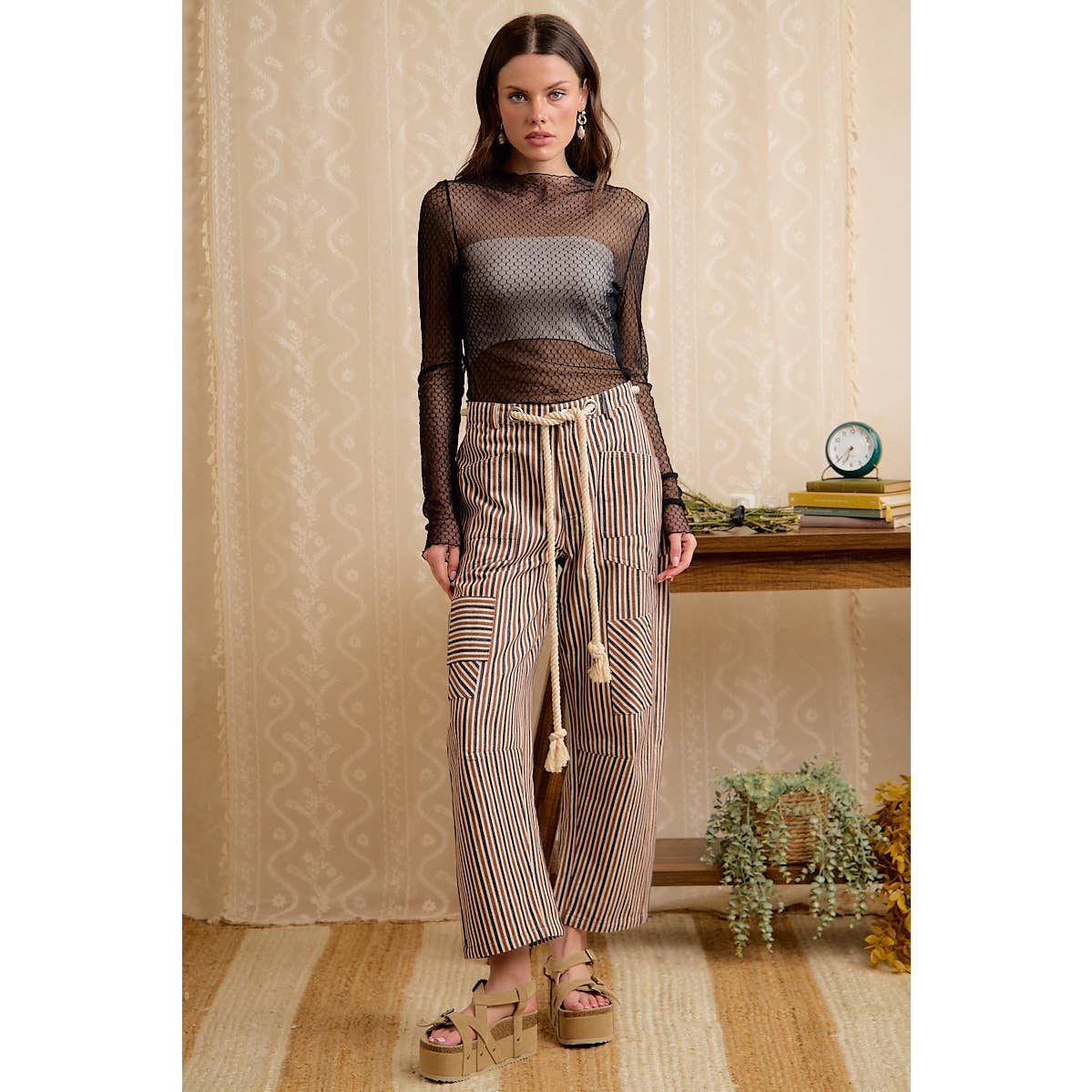WOMEN WIDE LEG STRIPED DRAWSTRING PANTS