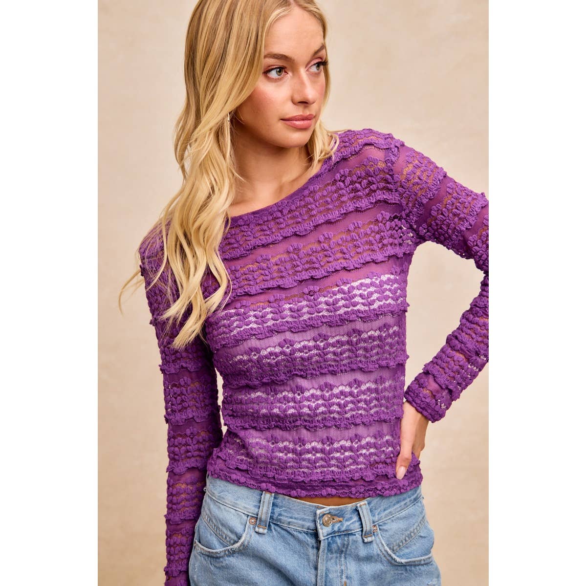 RUFFLES DETAIL MARDI GRAS COLOR FLOWER LACE TOP