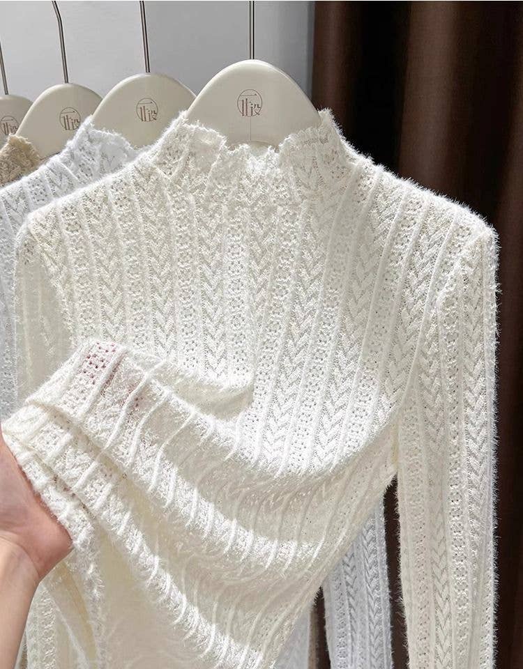 Soft knit Fluffy Texture Lace High neck Layering Top