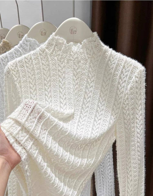 Soft knit Fluffy Texture Lace High neck Layering Top