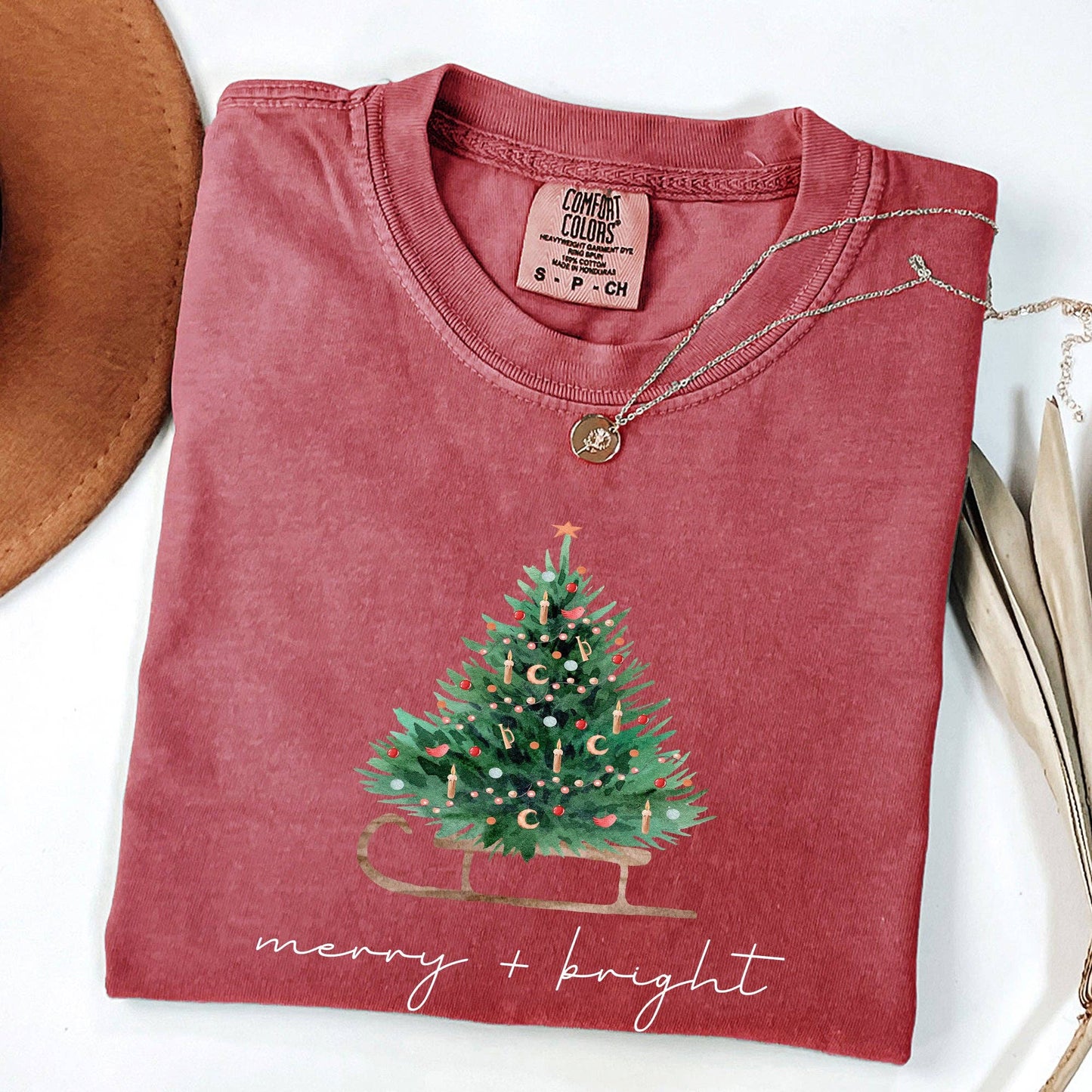 Merry and Bright, Sleigh, Christmas Tree, Snow, Xmas Tshirt
