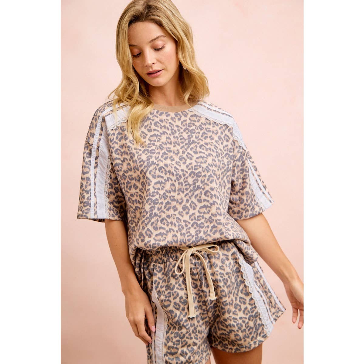 LEOPARD TERRY SIDE DRAWSTRING SHORTS