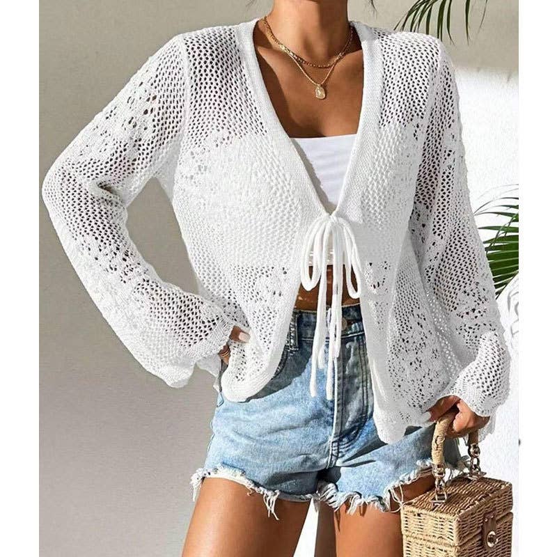 Floral Pattern Lace-Up Crochet Knit Beach Cover Top