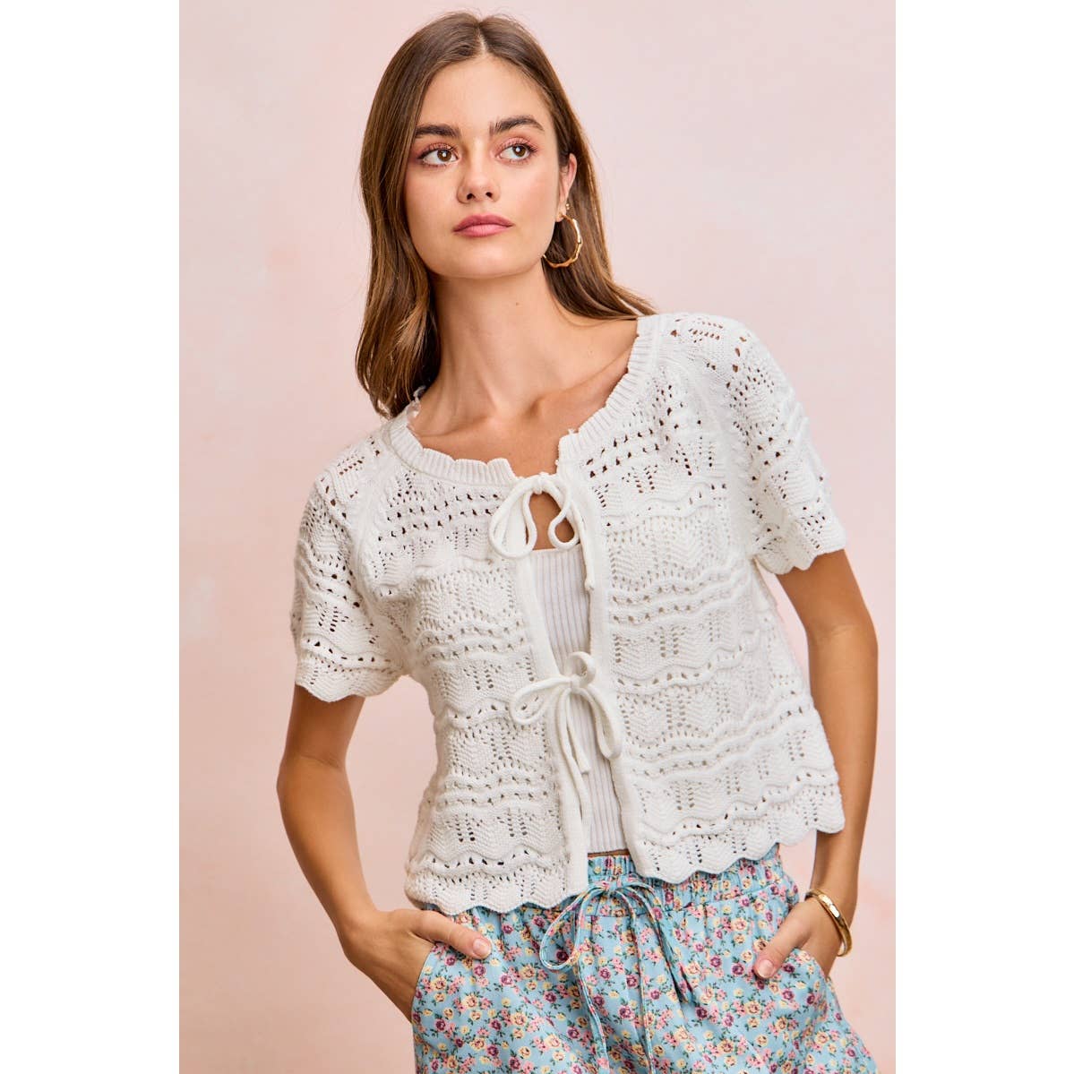 FRONT BOW TIE DETAIL POINTELLE KNIT TOP