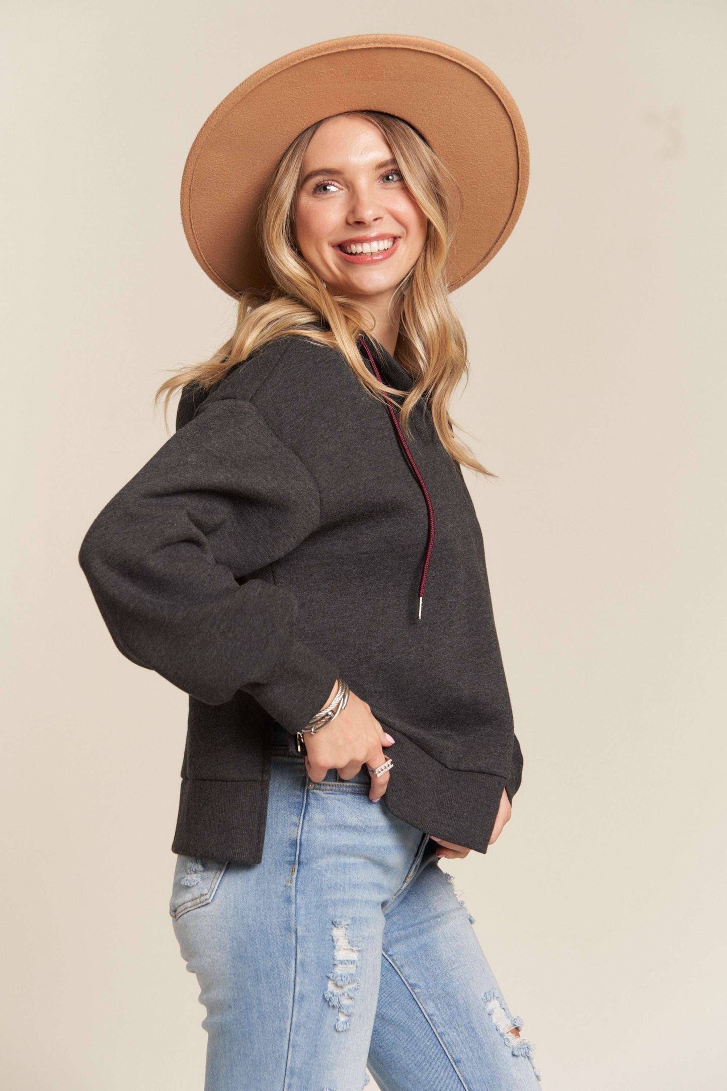 INSIDE NAPPED HOODIE TUNIC TOP