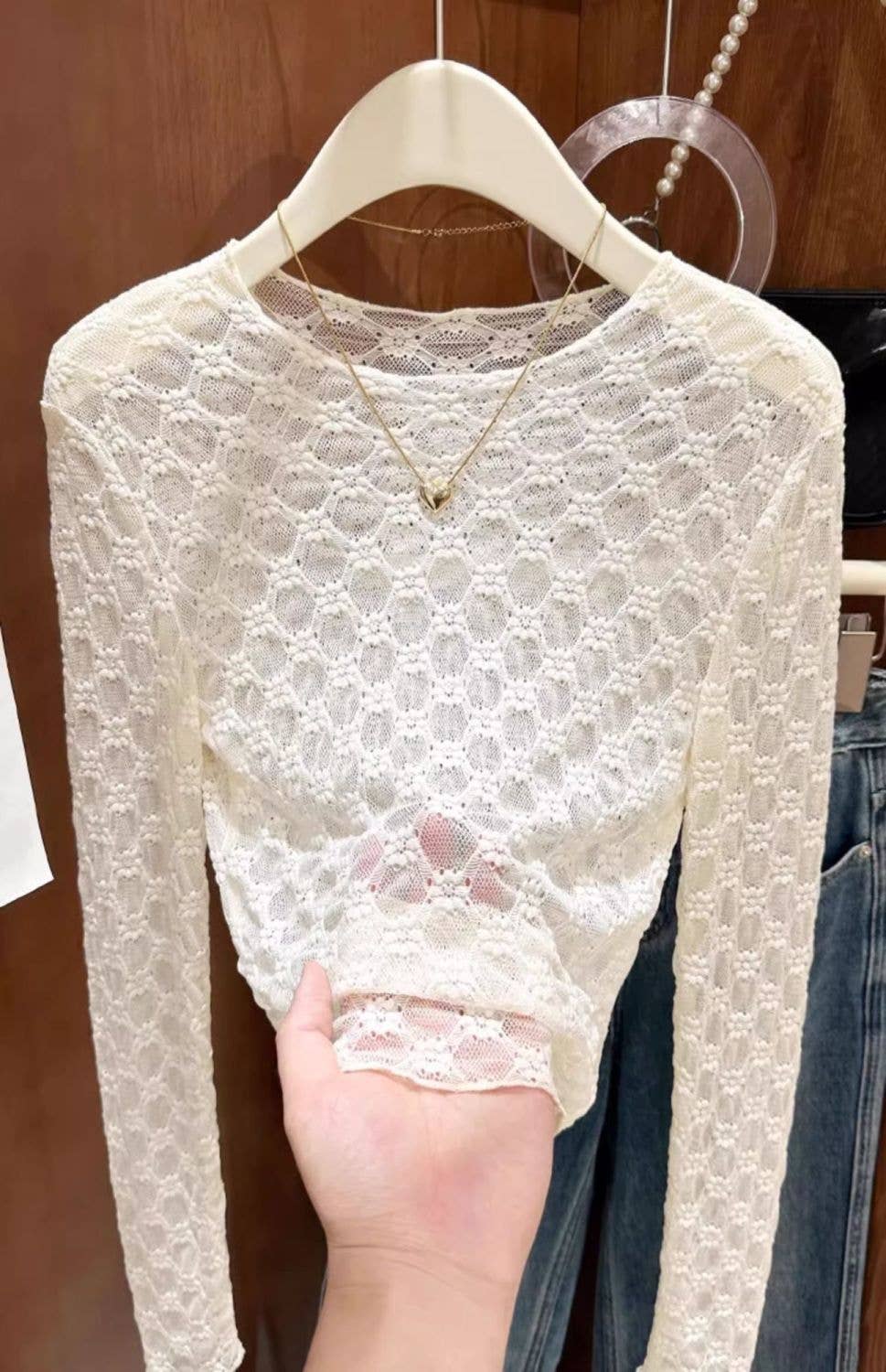 Sheer Mesh Diamond Floral Lace Layering Fitted Crew Top