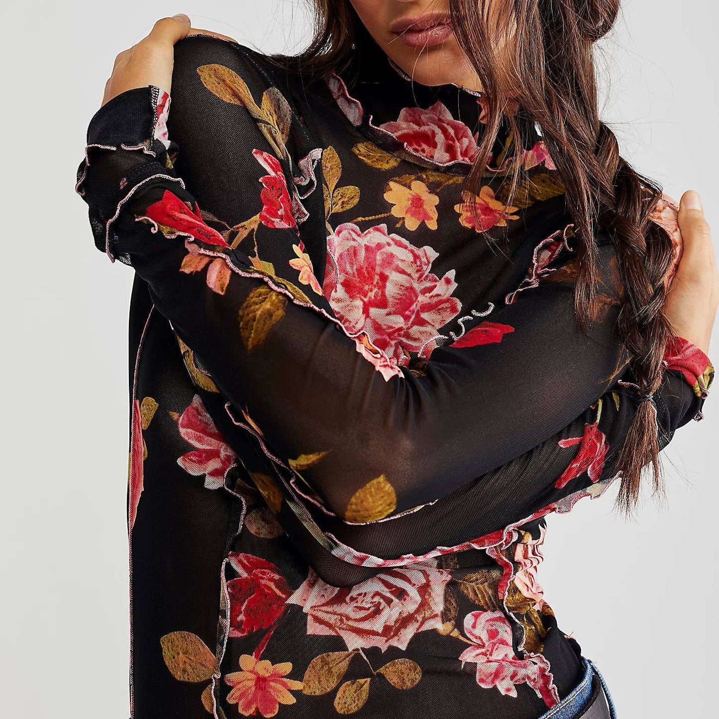 Slim-Fit Sheer Botanical Floral Print Turtleneck Top