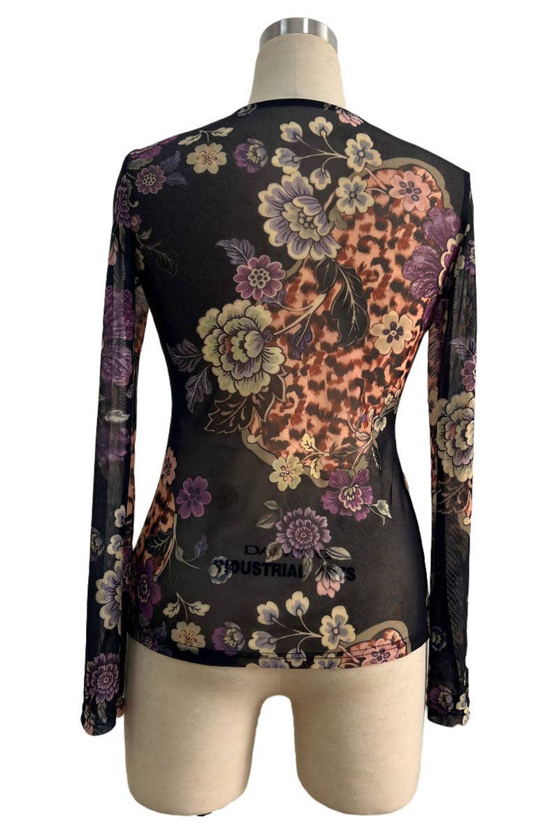 Sheer Floral Ruched Button Front Blouse