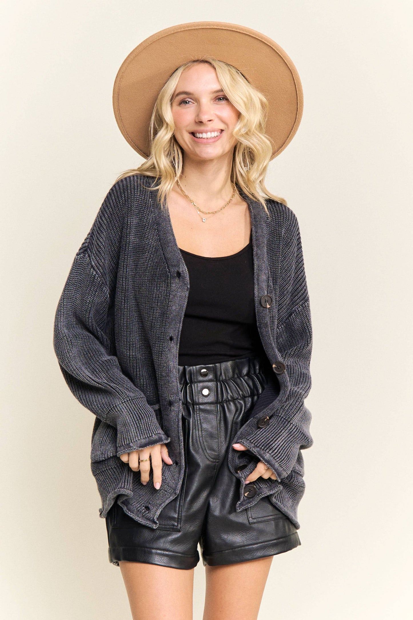 LESW3868-RIBBED BUTTON UP SWEATER CARDIGAN