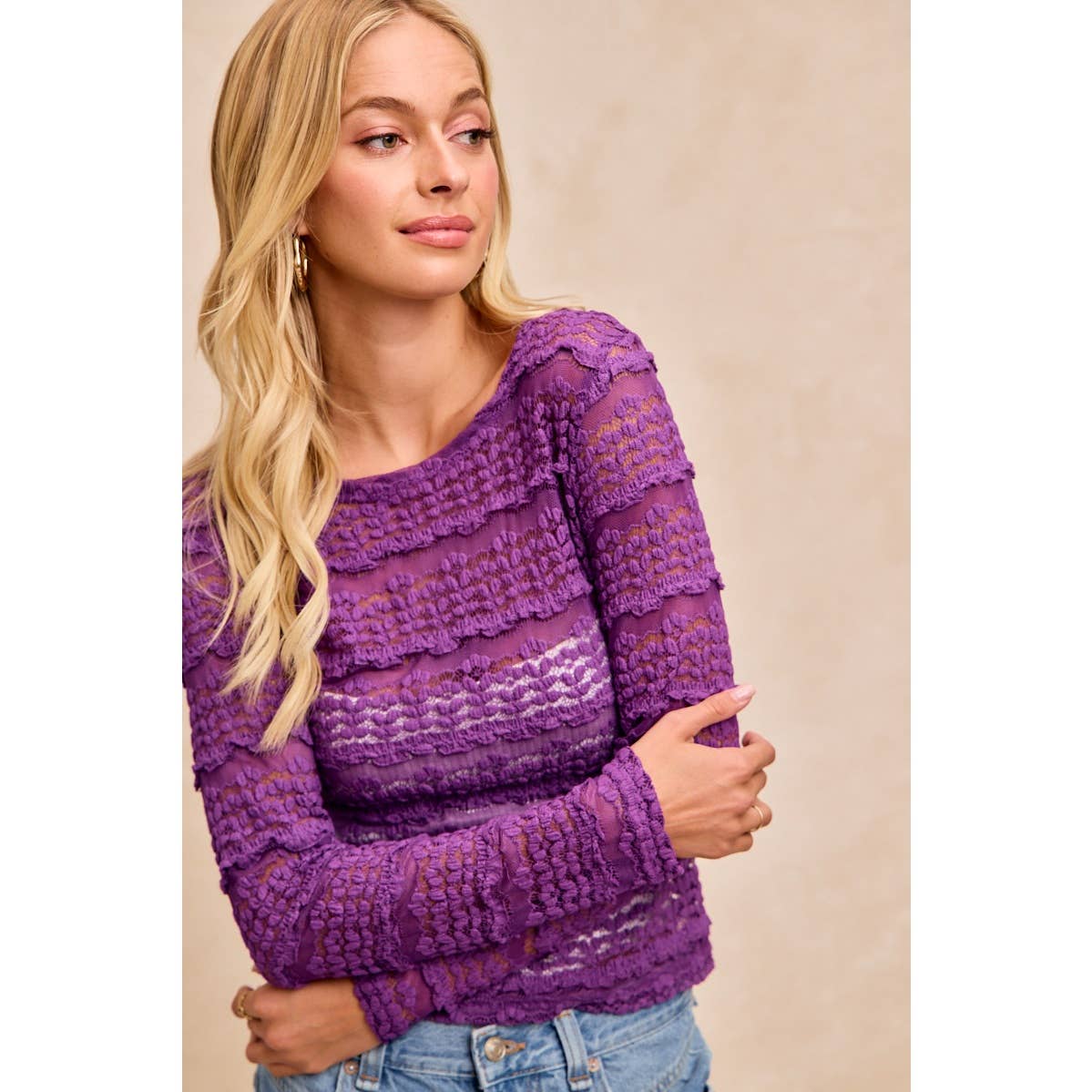 RUFFLES DETAIL MARDI GRAS COLOR FLOWER LACE TOP