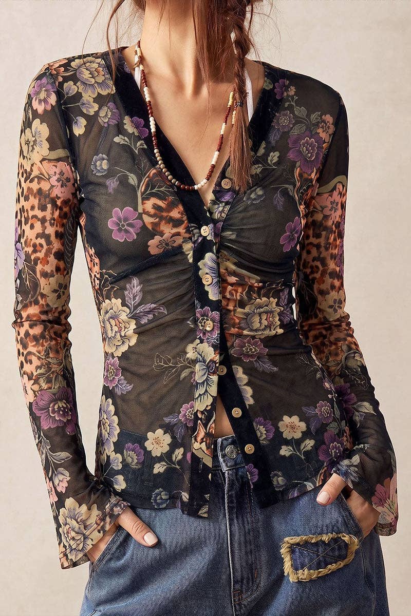 Sheer Floral Ruched Button Front Blouse