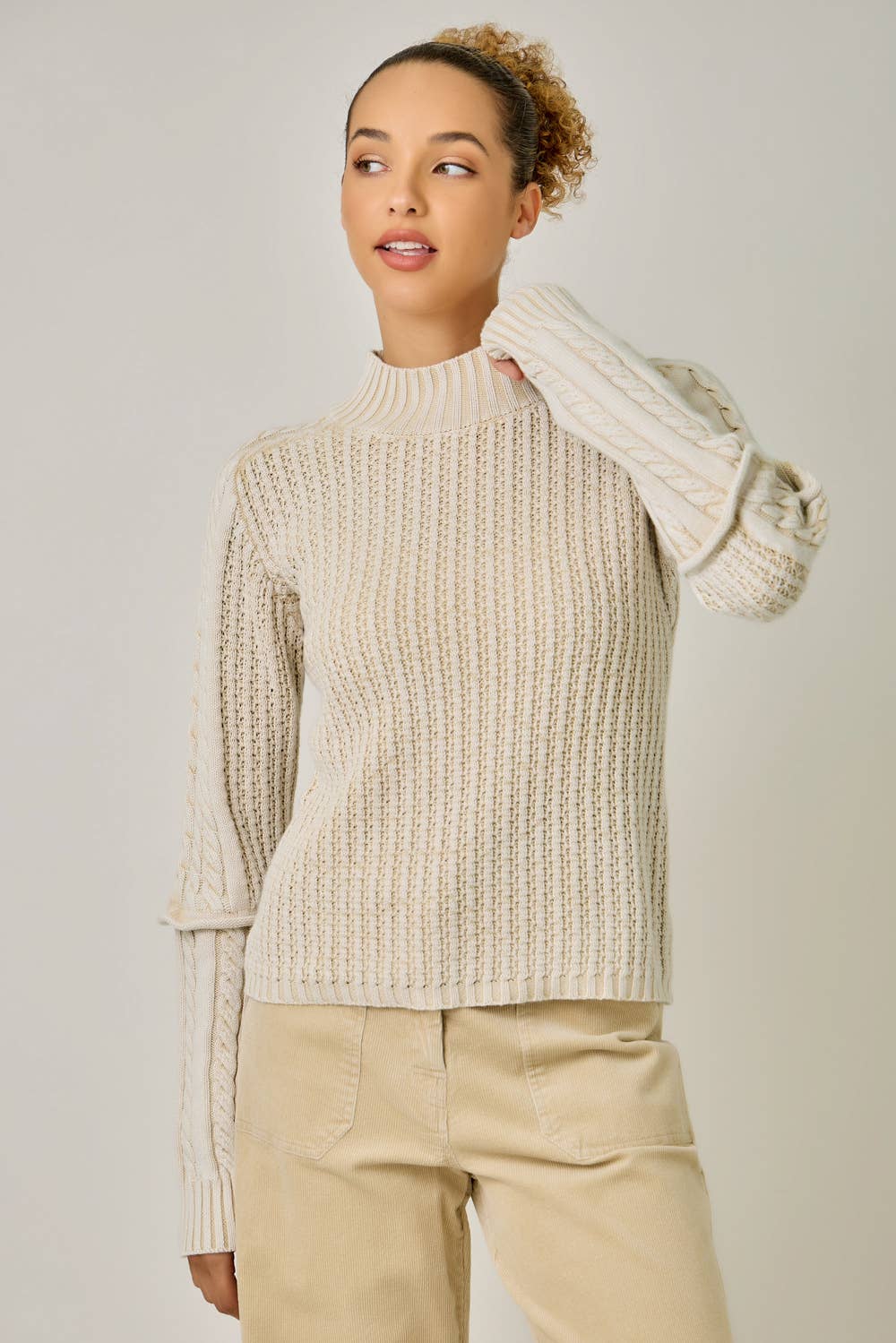 Washed Cable Mock Neck Sweater