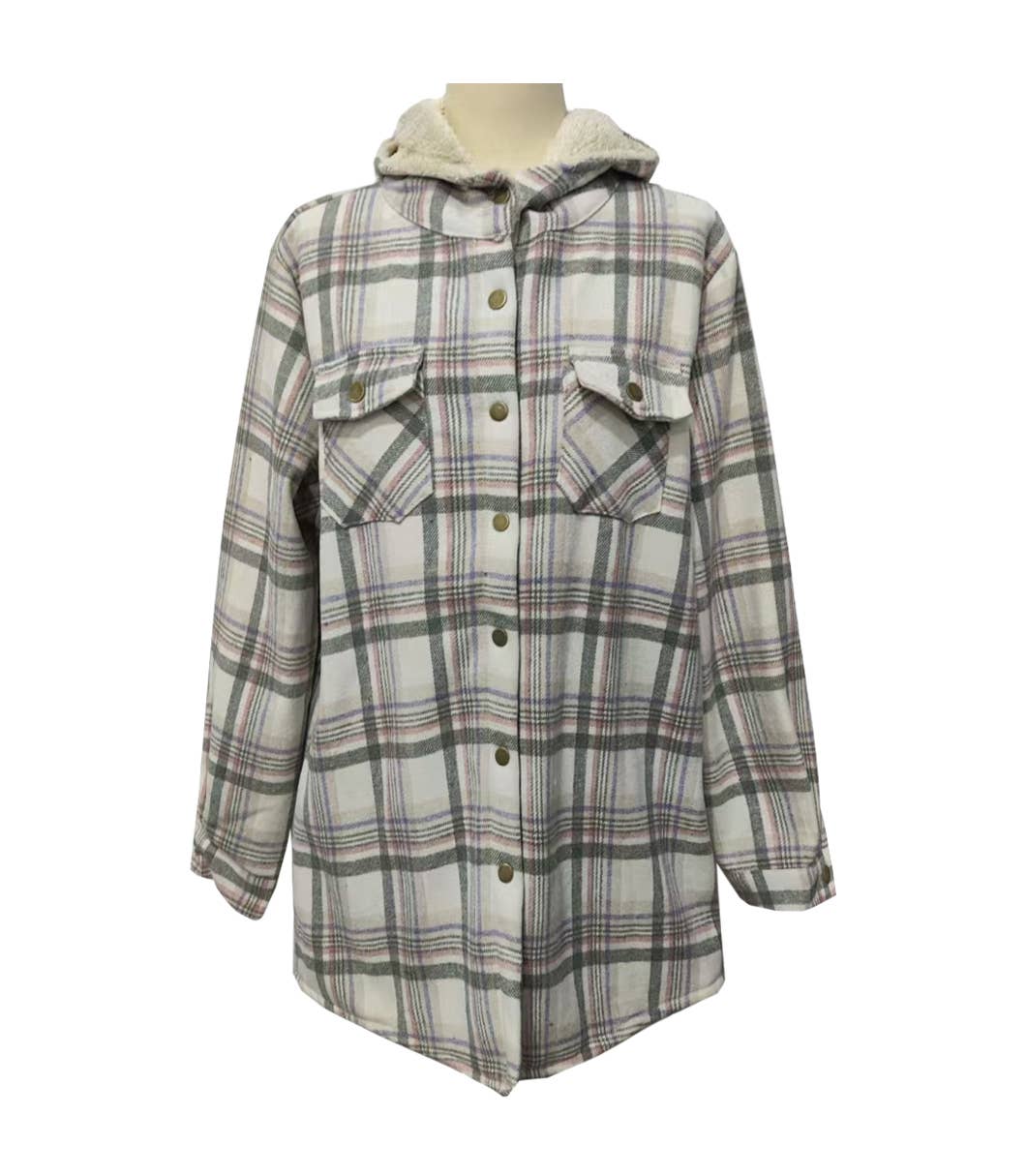 Western buttons hoodie plaid fleece lined shacket coat