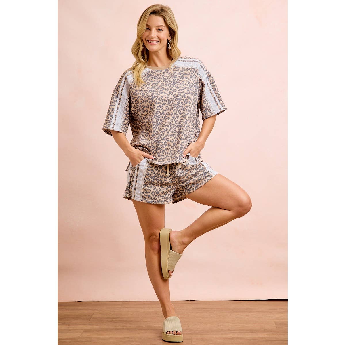 LEOPARD TERRY SIDE DRAWSTRING SHORTS