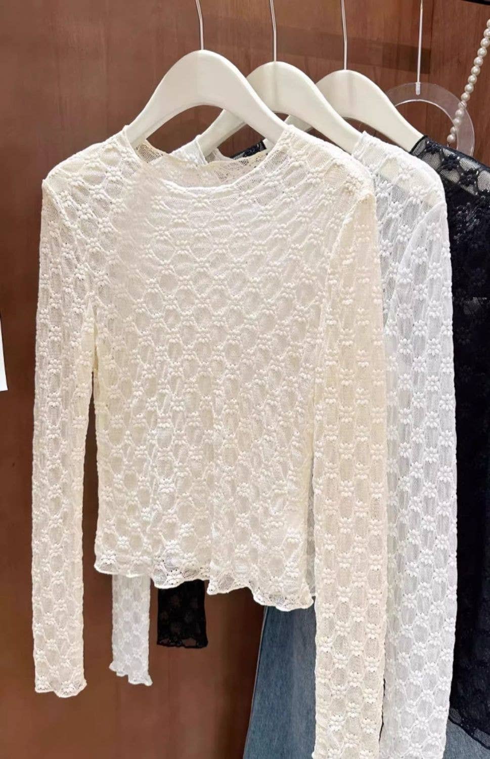 Sheer Mesh Diamond Floral Lace Layering Fitted Crew Top