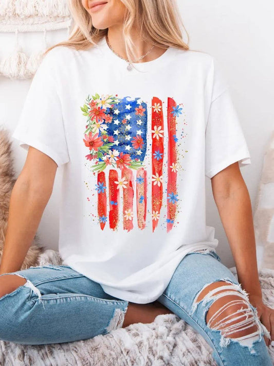 Floral American Flag 4th Of July Graphic Cotton Tee