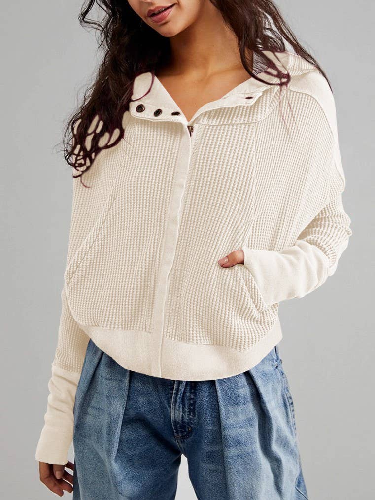 Half button zip up waffle crop hoodie sweatshirt jacket