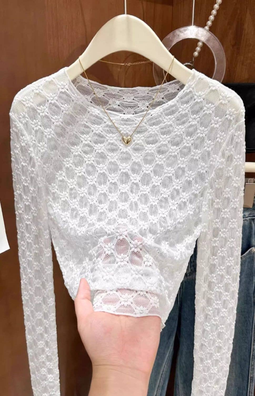 Sheer Mesh Diamond Floral Lace Layering Fitted Crew Top